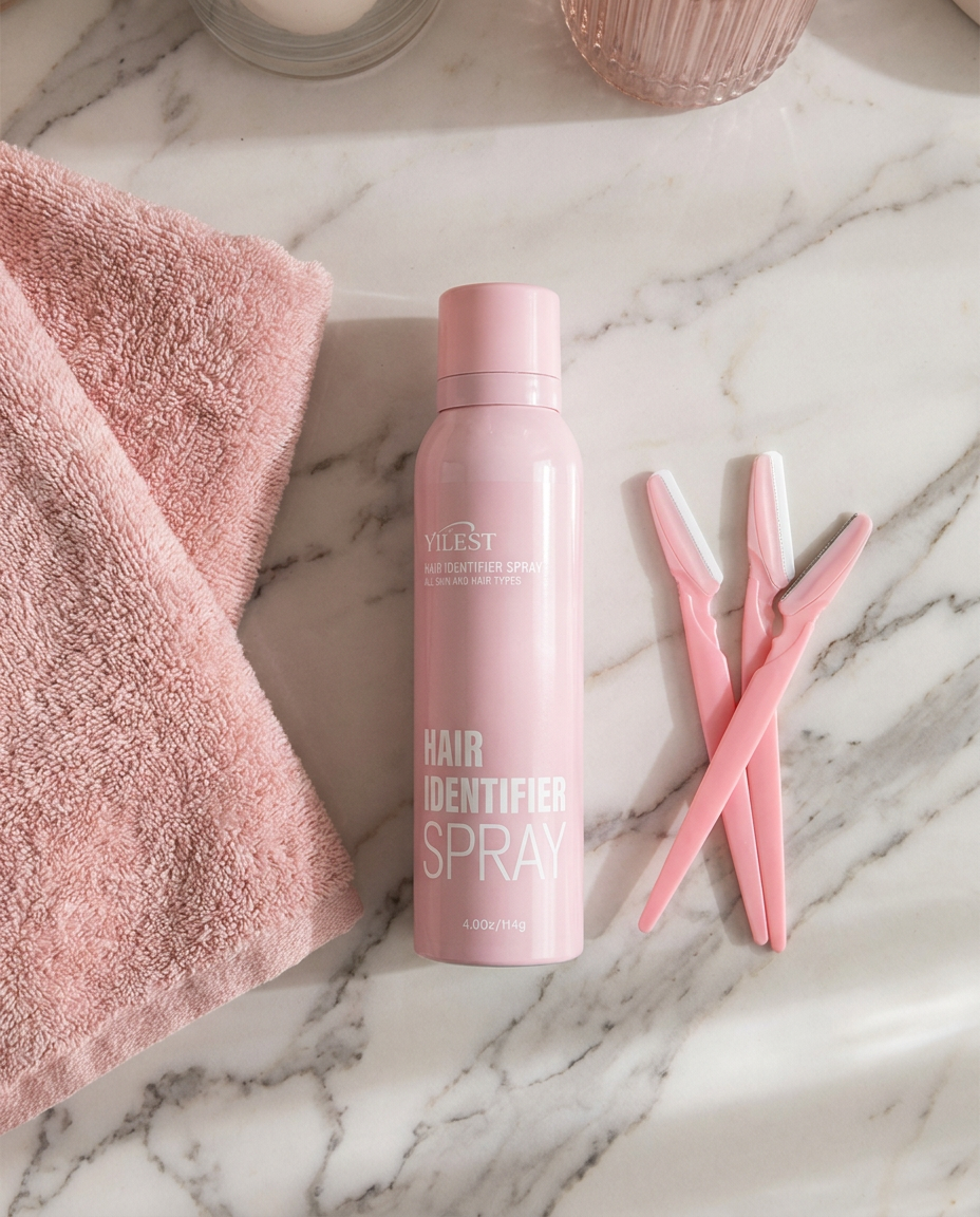 Glow Spray y navajas de dermaplaning sobre el tocador