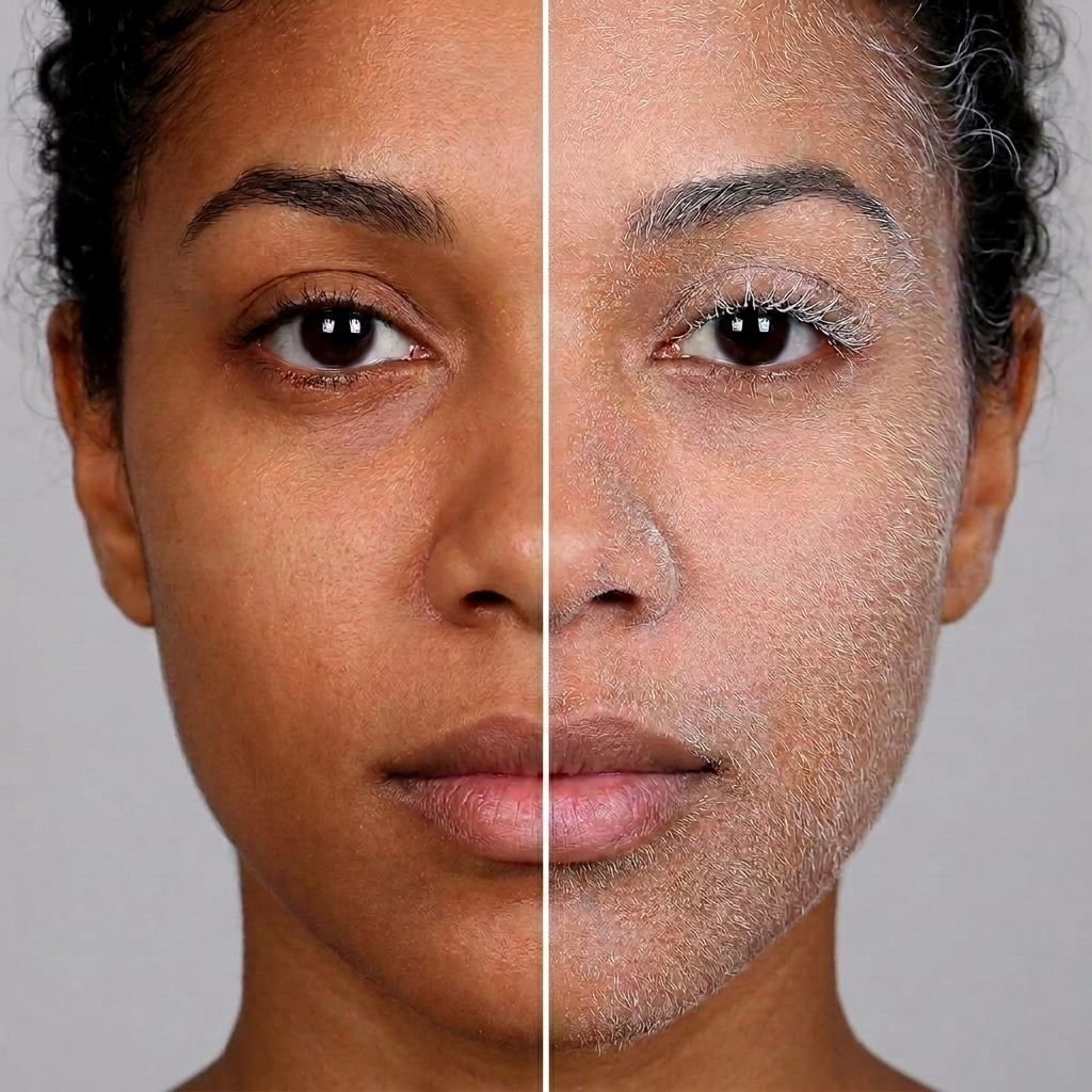 Antes y después: el spray revela el vello facial invisible